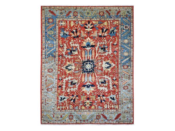 9'6"x12' Crimson Red, Hand Knotted, Aryana Collection with Heriz Design, Distinct Abrash, Vegetable Dyes, 100% Wool, Oriental Rug HR20085
