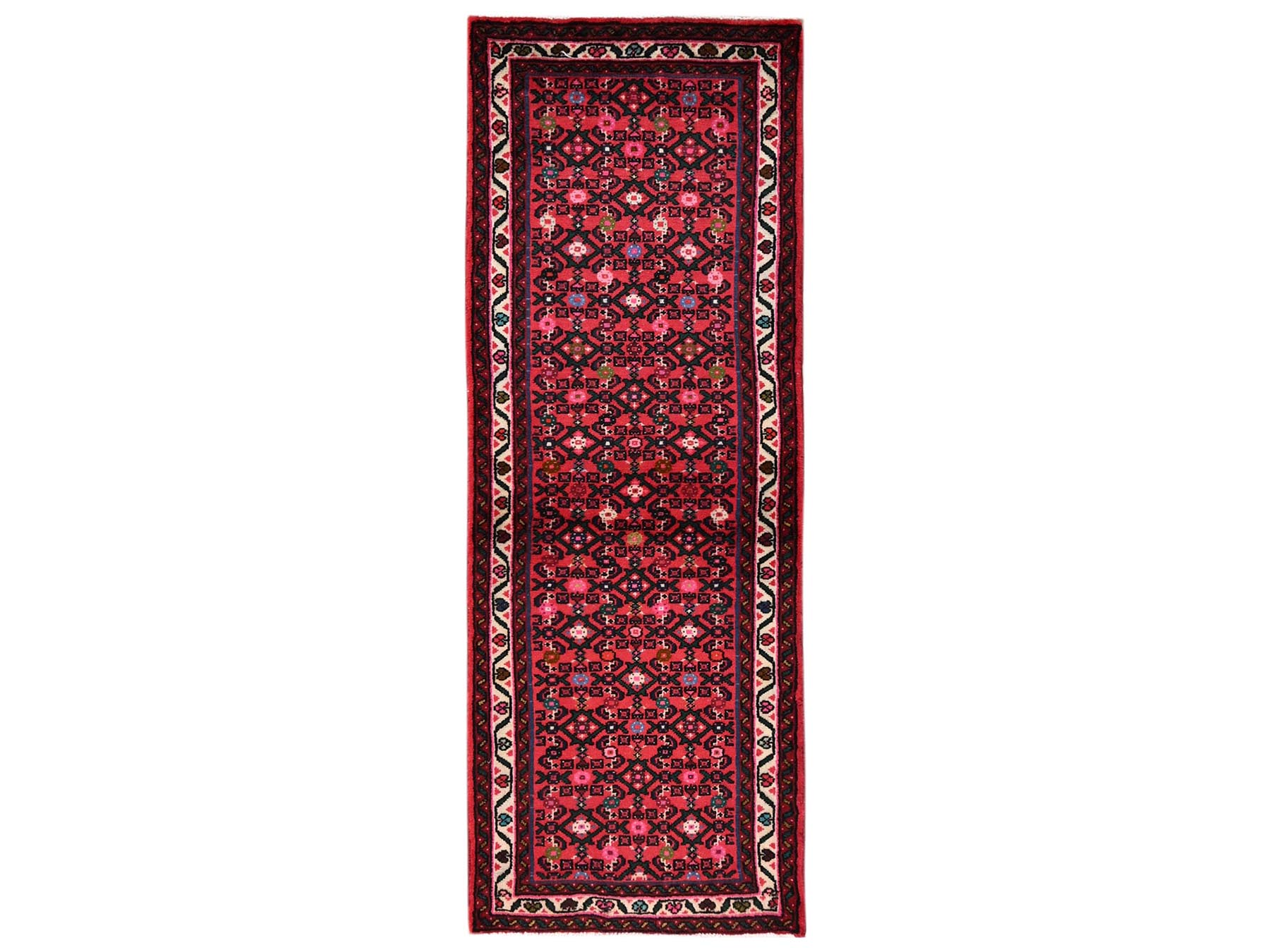 2'6"x6'9" Crimson Red, New Persian Hussainabad with All Over Design, Hand Knotted, Full Pile, Soft and Shiny Wool, Runner, Oriental Rug HR2126