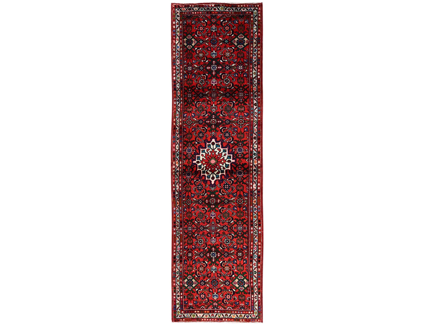 2'7"x9'7" Cherry Red, New Persian Hussainabad with Geometric Medallion, Hand Knotted, Full Pile, Soft and Shiny Wool, Runner, Oriental Rug HR2131