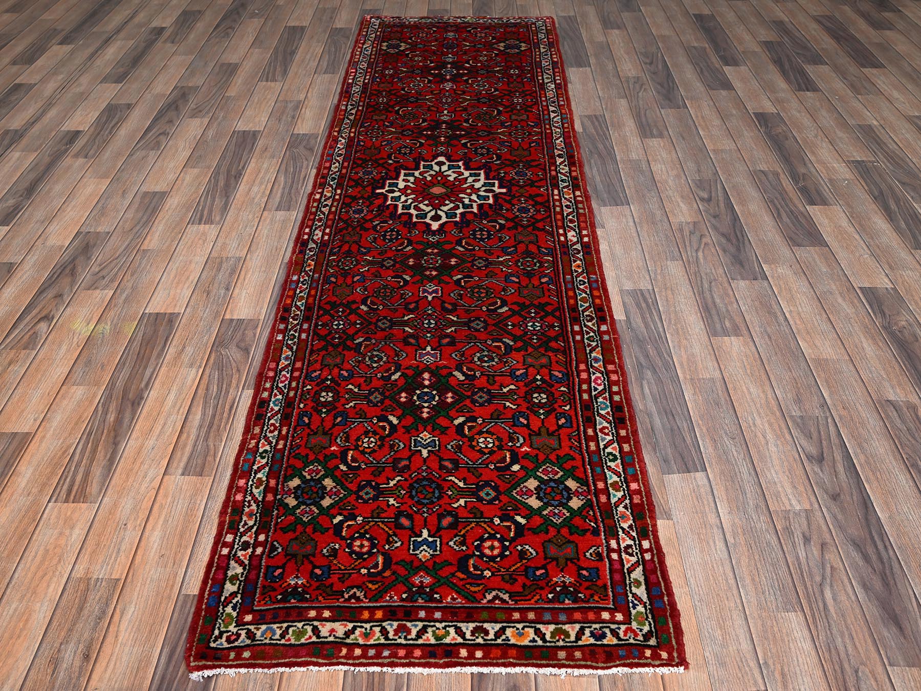 2'7"x9'7" Cherry Red, New Persian Hussainabad with Geometric Medallion, Hand Knotted, Full Pile, Soft and Shiny Wool, Runner, Oriental Rug HR2131 - Image 2