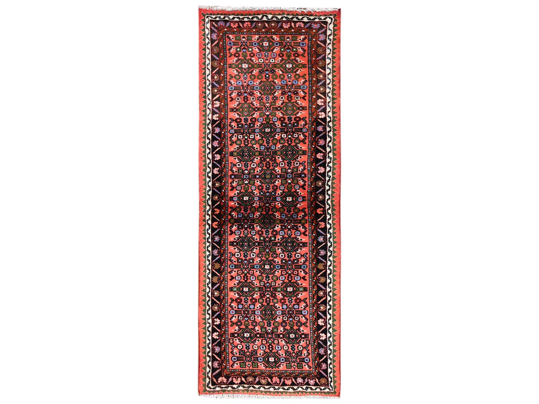 2'3"x6'4" Carrot Orange, New Persian Hussainabad with Repetitive Fish Mahi Design, Hand Knotted, Full Pile, Soft and Shiny Wool, Narrow Runner, Oriental Rug HR2134