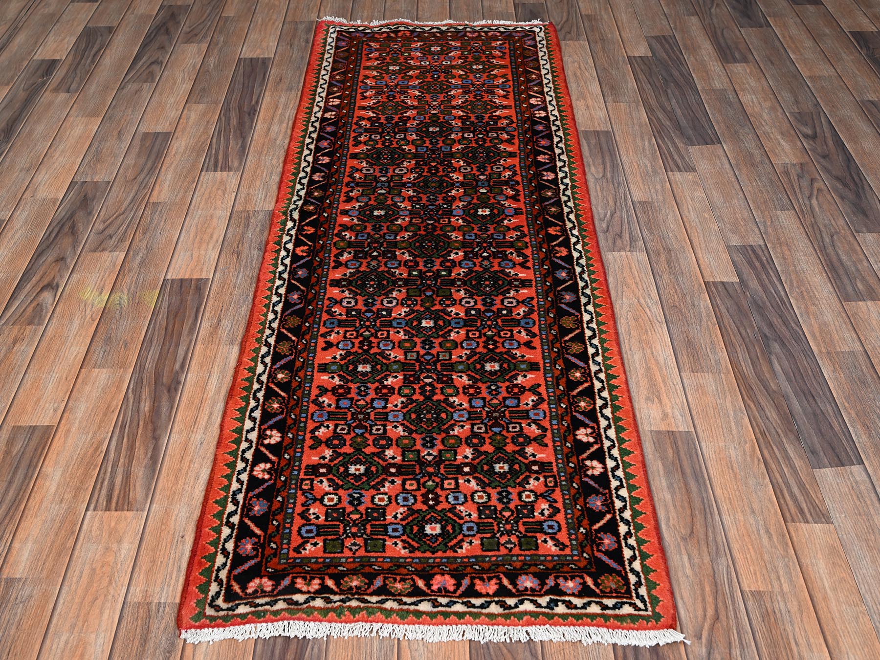 2'3"x6'4" Carrot Orange, New Persian Hussainabad with Repetitive Fish Mahi Design, Hand Knotted, Full Pile, Soft and Shiny Wool, Narrow Runner, Oriental Rug HR2134 - Image 2