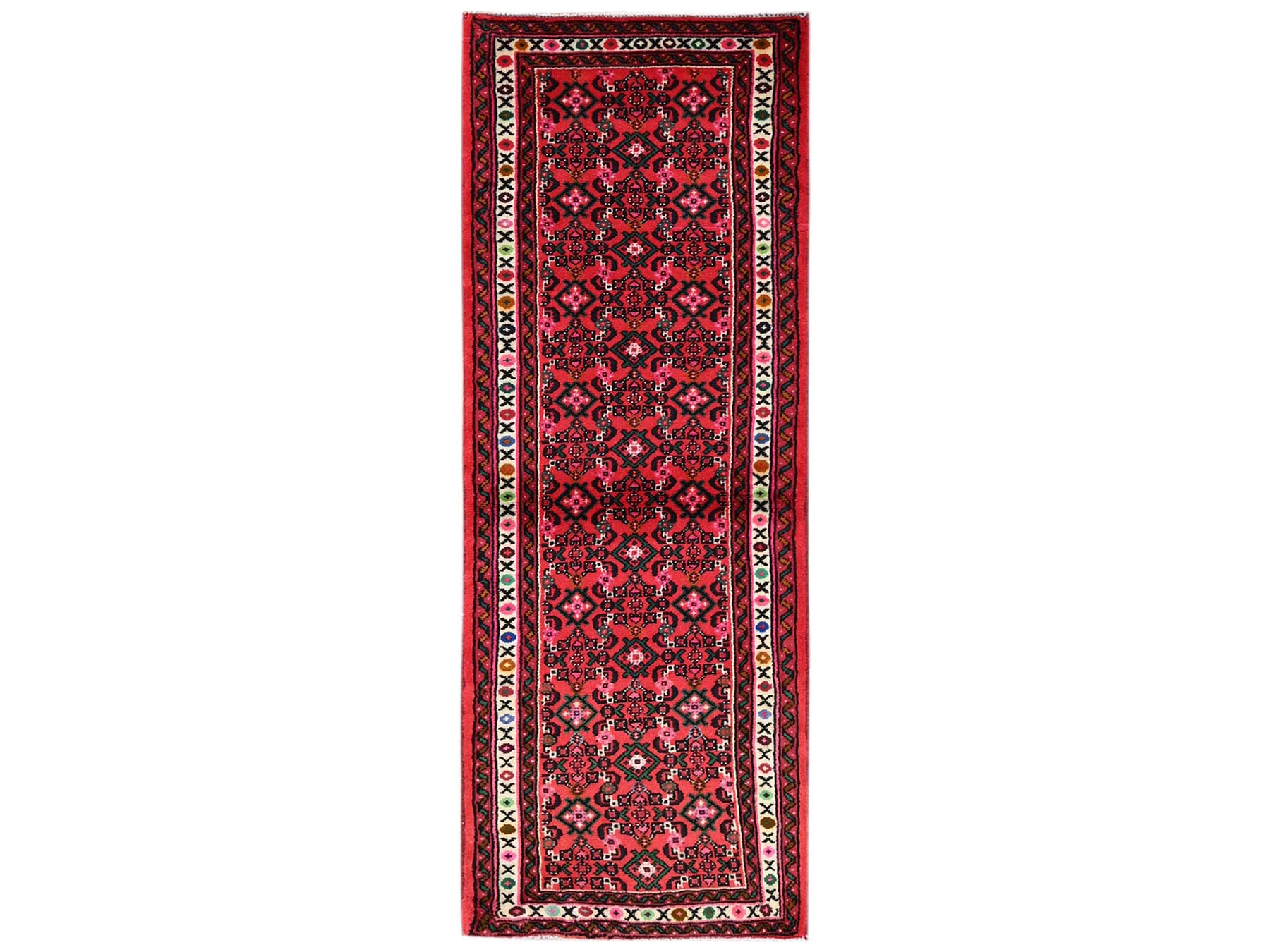 2'5"x6'5" Crimson Red, New Persian Hussainabad with All Over Design, Hand Knotted, Full Pile, Soft and Shiny Wool, Runner, Oriental Rug HR2140