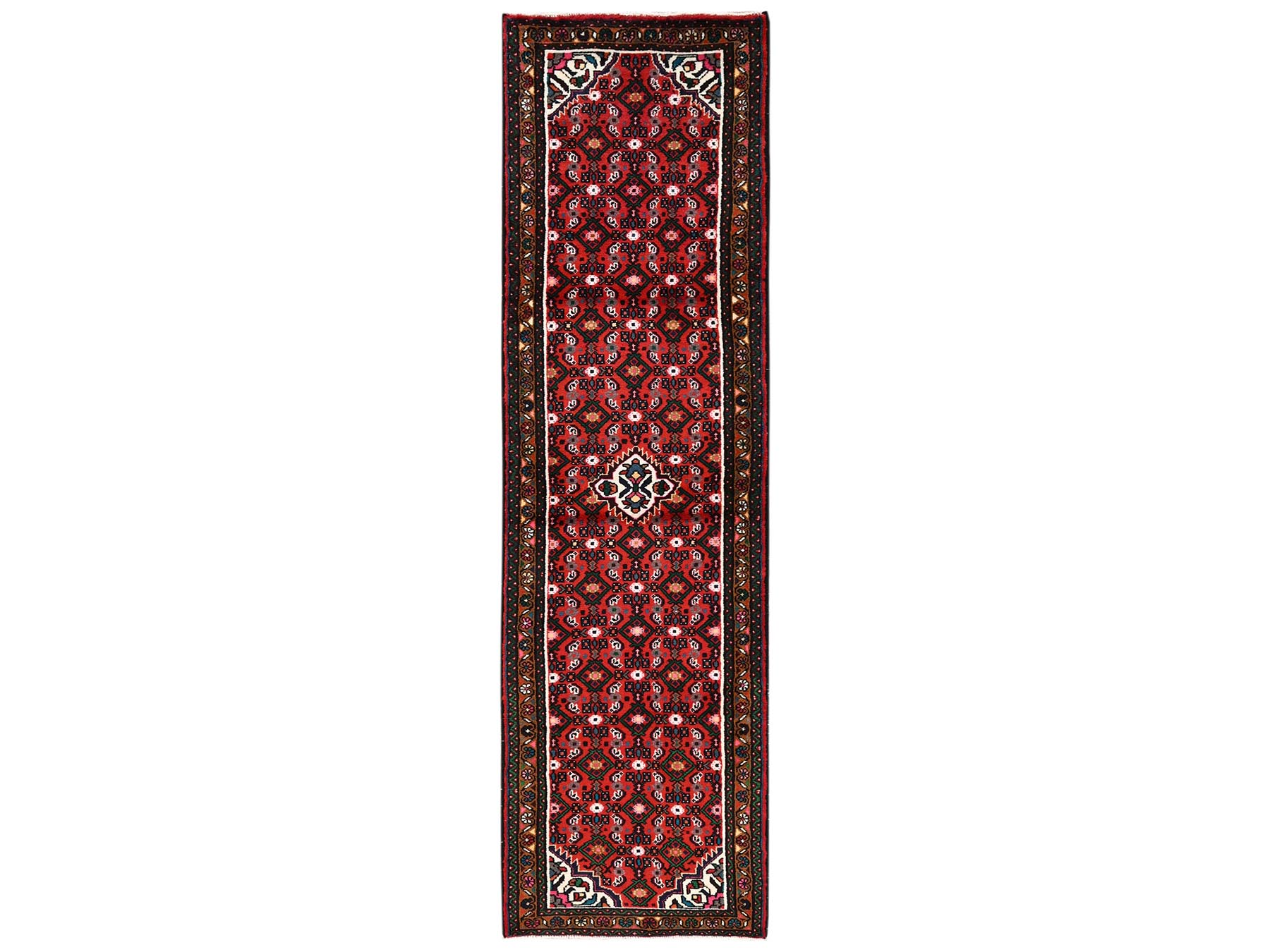 2'6"x9'4" Brick Red, Full Pile, New Persian Hussainabad with All Over Repetitive Design, Hand Knotted, Soft and Shiny Wool, Narrow Runner, Oriental Rug HR2143