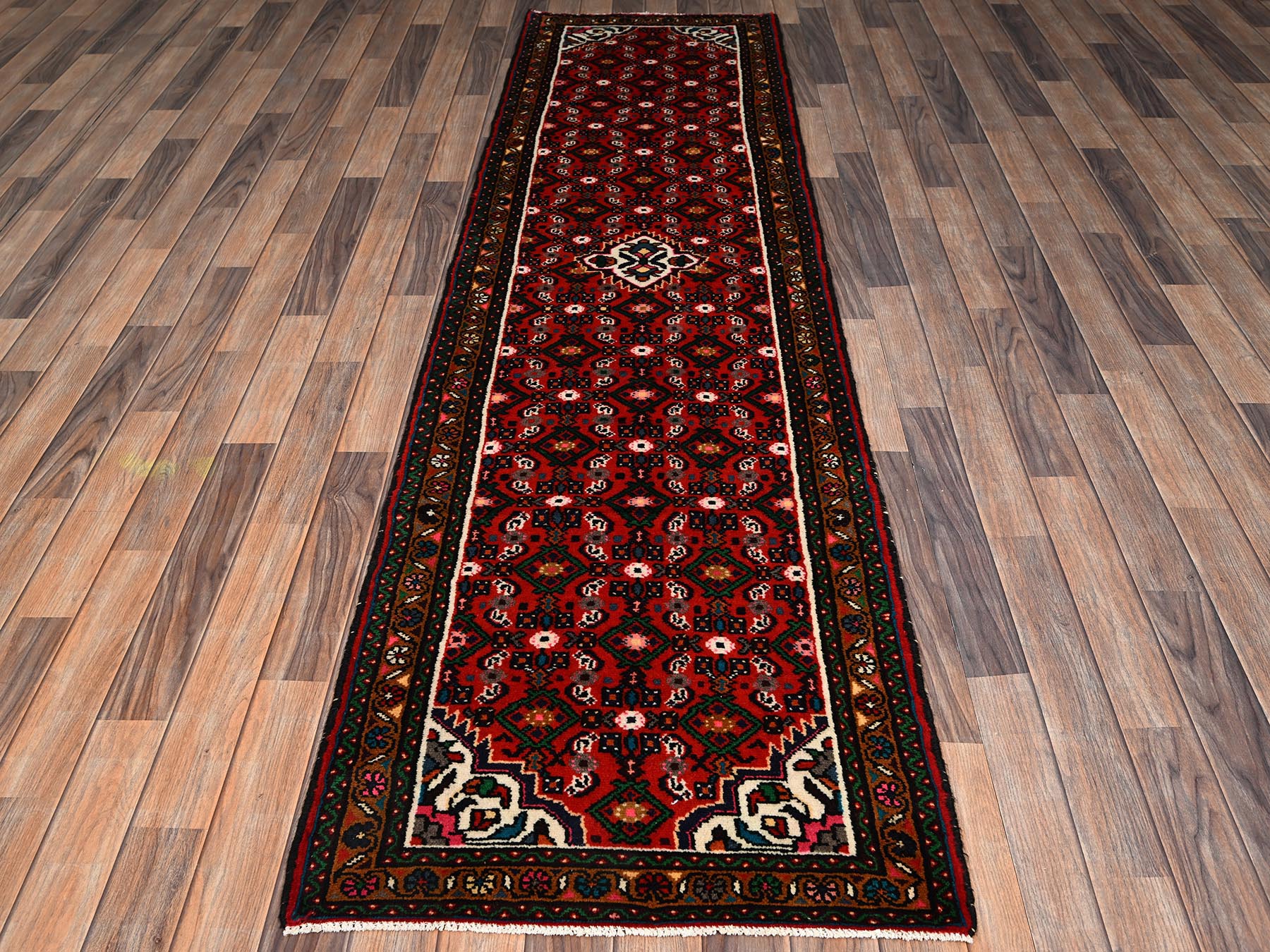 2'6"x9'4" Brick Red, Full Pile, New Persian Hussainabad with All Over Repetitive Design, Hand Knotted, Soft and Shiny Wool, Narrow Runner, Oriental Rug HR2143 - Image 2