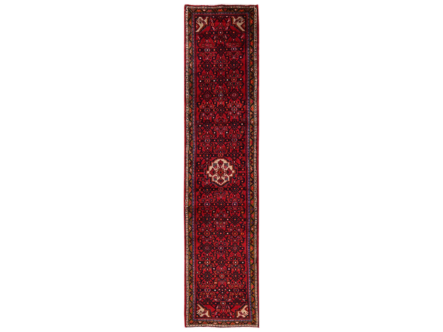 2'1"x10' Ruby Red, Full Pile, New Persian Hussainabad with All Over Repetitive Design, Hand Knotted, Soft and Shiny Wool, Narrow Runner, Oriental Rug HR2147