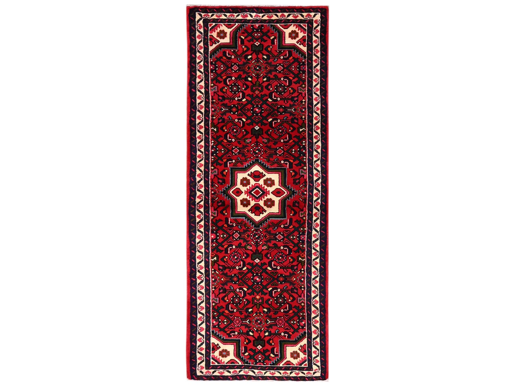 2'3"x6'3" Scarlet Red, New Persian Hussainabad with Geometric Medallion, Hand Knotted, Full Pile, Soft and Shiny Wool, Narrow Runner, Oriental Rug HR2149
