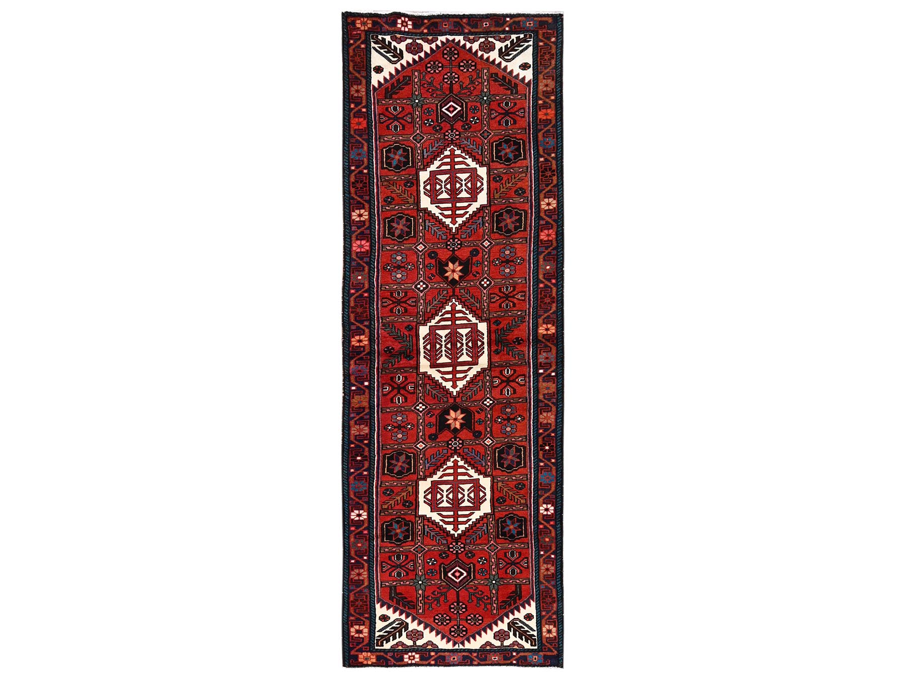 2'10"x9'6" Scarlet Red, Full Pile, New Persian Hamadan with Geoemtric Medallions Design, Hand Knotted, Soft and Shiny Wool, Runner, Oriental Rug HR2151