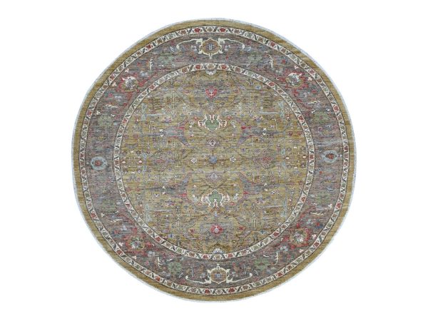 8'3"x8'3" Olive Green, Peshawar with Bijar Garus Design, High Mountain Wool, Densely Woven, Hand Knotted, Round, Oriental Rug HR21514