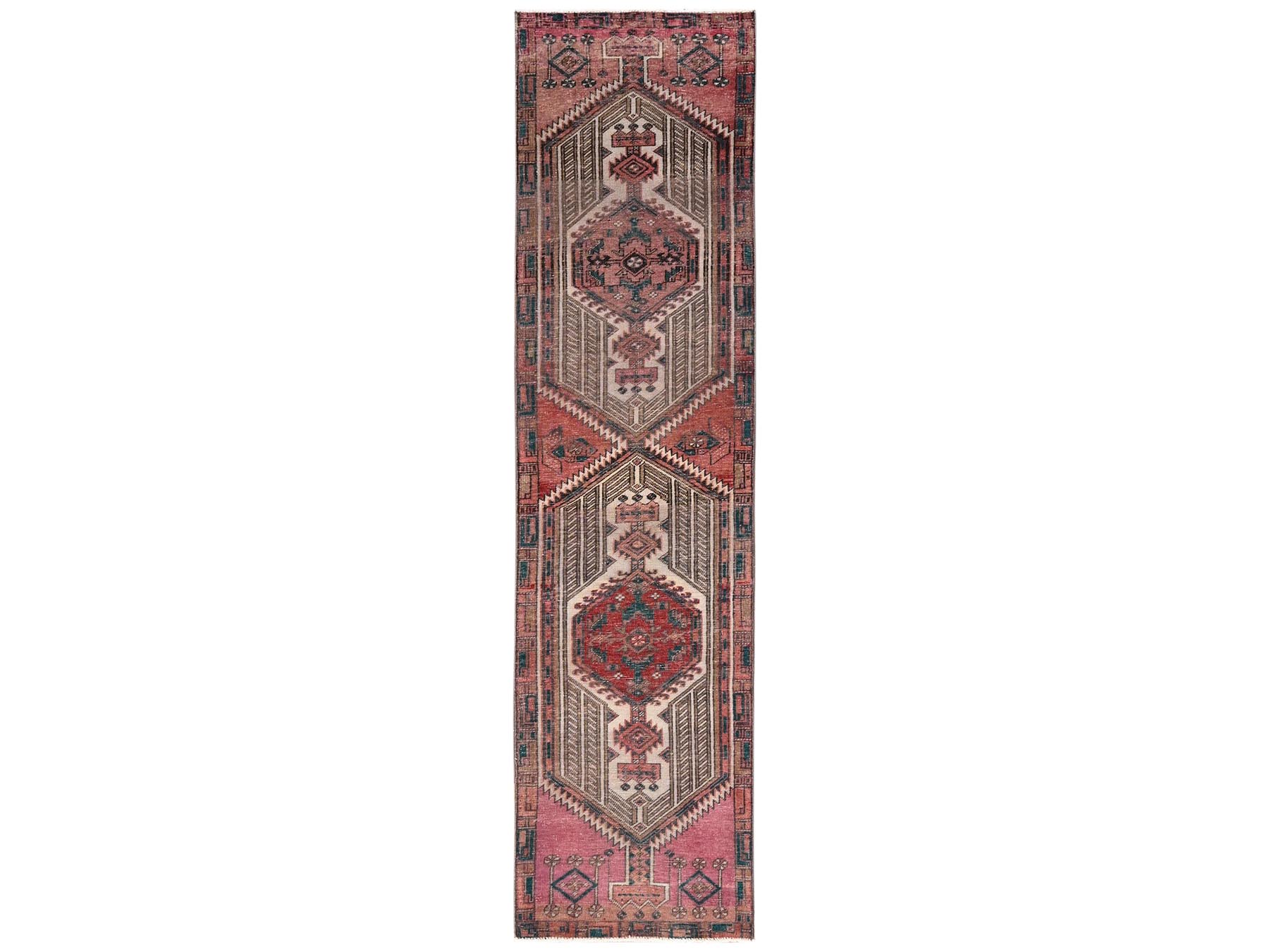 2'4"x10' Blush Pink, Vintage Persian Serab with Large Geometric Medallions, Worn Down and Distressed, 100% Wool, Hand Knotted, Zero Pile, Sides and Ends Professionally Secured, Narrow Runner, Oriental Rug HR2155