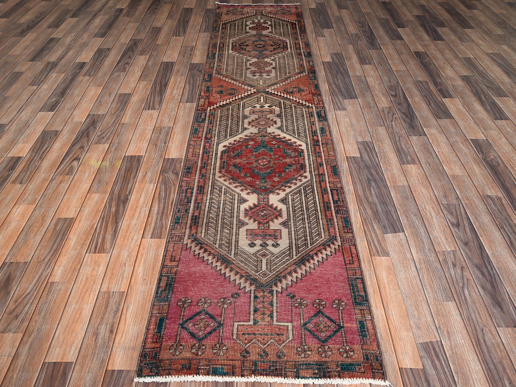 2'4"x10' Blush Pink, Vintage Persian Serab with Large Geometric Medallions, Worn Down and Distressed, 100% Wool, Hand Knotted, Zero Pile, Sides and Ends Professionally Secured, Narrow Runner, Oriental Rug HR2155 - Image 2