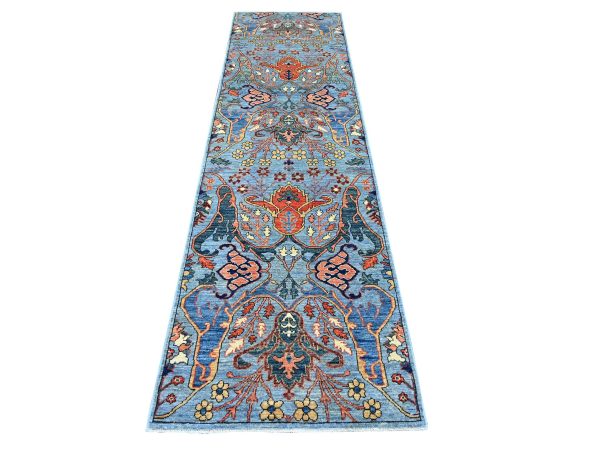 2'8"x10' Stone Blue, Bijar Garus Design, Hand Knotted, High Mountain Wool, Aryana Grade, Soft Pile, Vegetable Dyes, Densely Woven, Runner, Oriental Rug HR21582