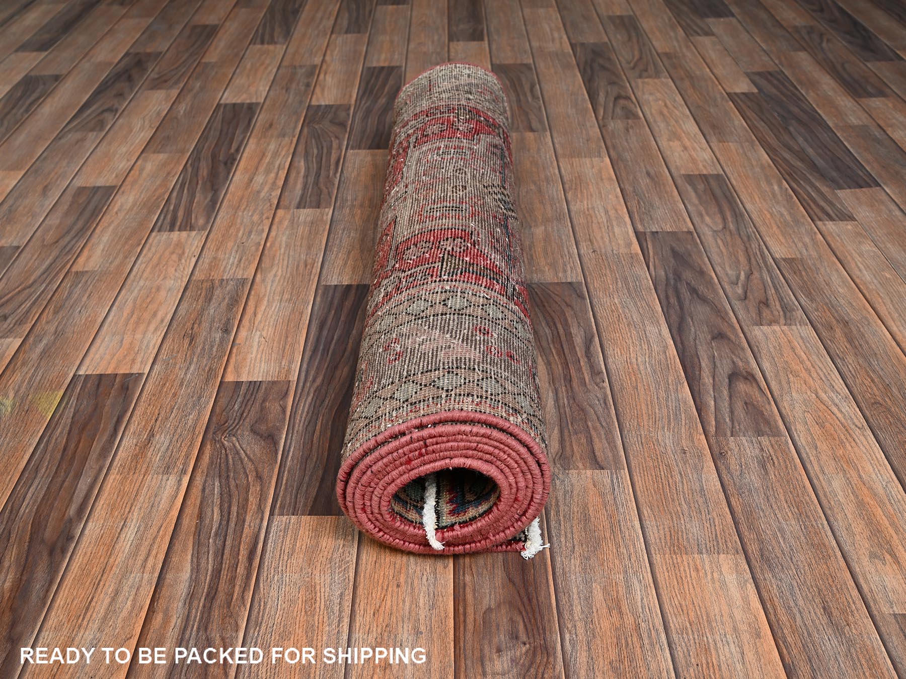 3'3"x9'3" Rhubarb Red, Zero Pile, Sides and Ends Professionally Secured, Vintage Persian Tabriz with Geometric Medallions, Worn Down and Distressed, 100% Wool, Hand Knotted, Runner, Oriental Rug HR2163 - Image 5