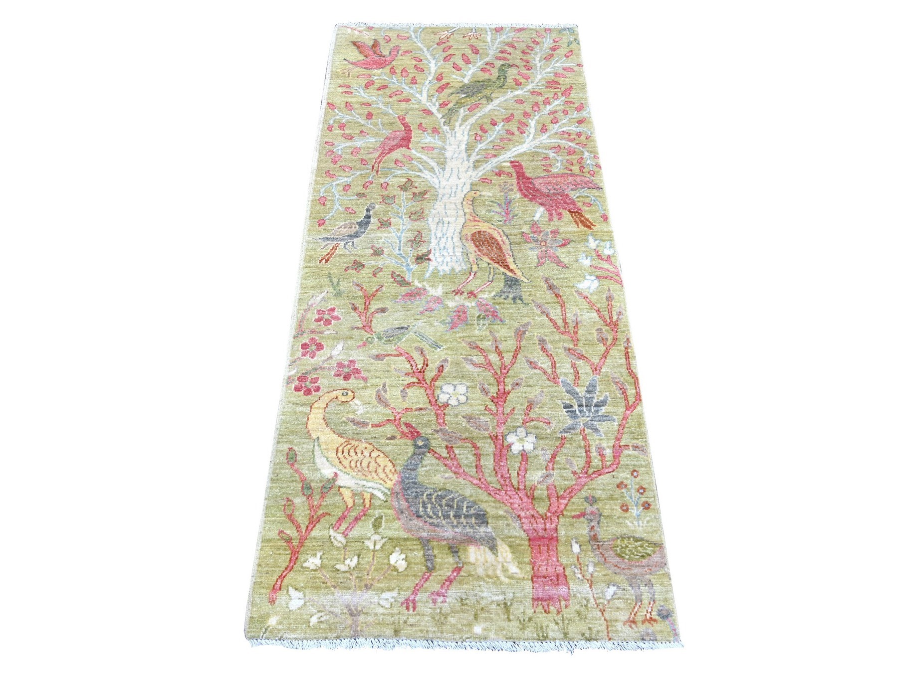 2'6"x5'9" Lime Green, Afghan Peshawar with Colorful Birds of Paradise Design, Hand Knotted, Soft Wool, Natural Dyes, Runner, Oriental Rug HR21635