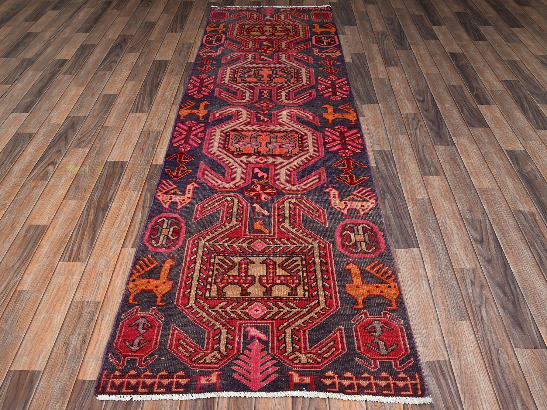 2'10"x9'4" Grape Purple, Worn Down and Distressed, 100% Wool, Vintage Northwest Persian with Geometric Medallions, Hand Knotted, Zero Pile, Sides and Ends Professionally Secured, Runner, Oriental Rug HR2175 - Image 2