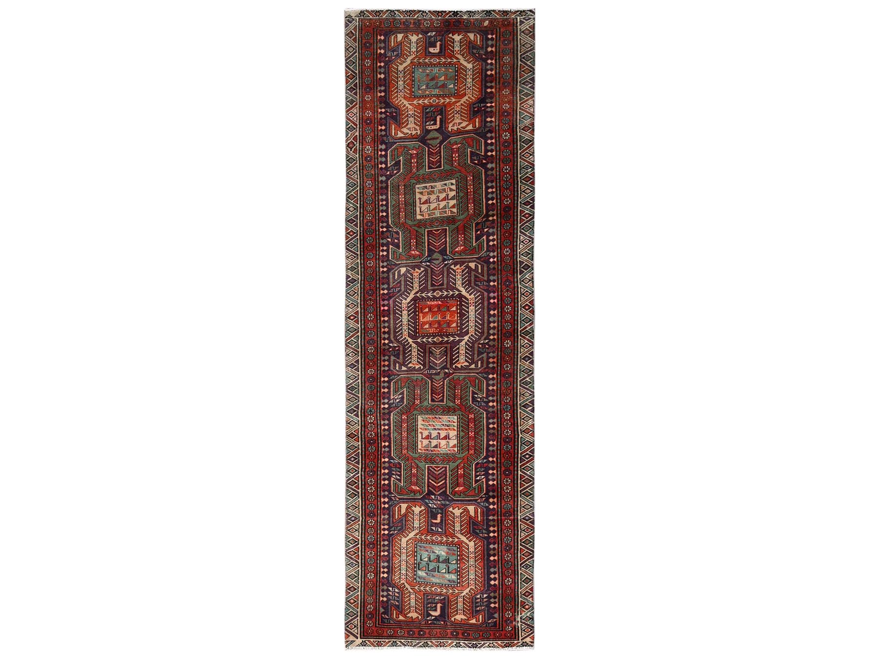 2'10"x9'9" Dark Mulberry Purple, 100% Wool, Vintage Northwest Persian with Geometric Medallions, Worn Down and Distressed, Hand Knotted, Zero Pile, Sides and Ends Professionally Secured, Runner, Oriental Rug HR2176