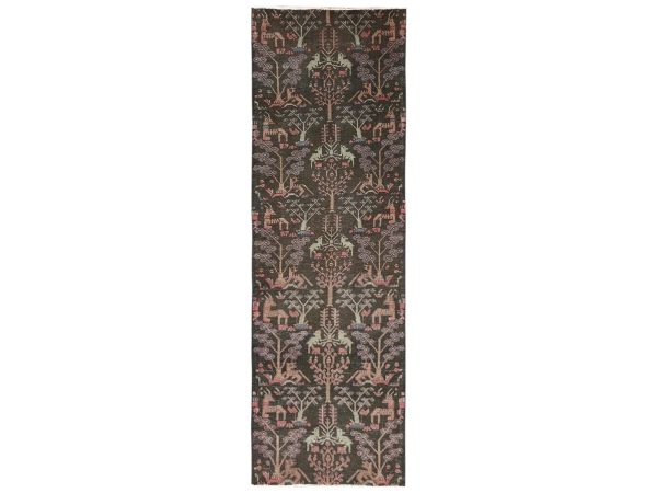 2'9"x8'8" Chocolate Brown, Hand Knotted, Zero Pile, Vintage Persian Tabriz with Willow Tree Design, Worn Down and Distressed, 100% Wool, Sides and Ends Professionally Secured, Runner, Oriental Rug HR2184