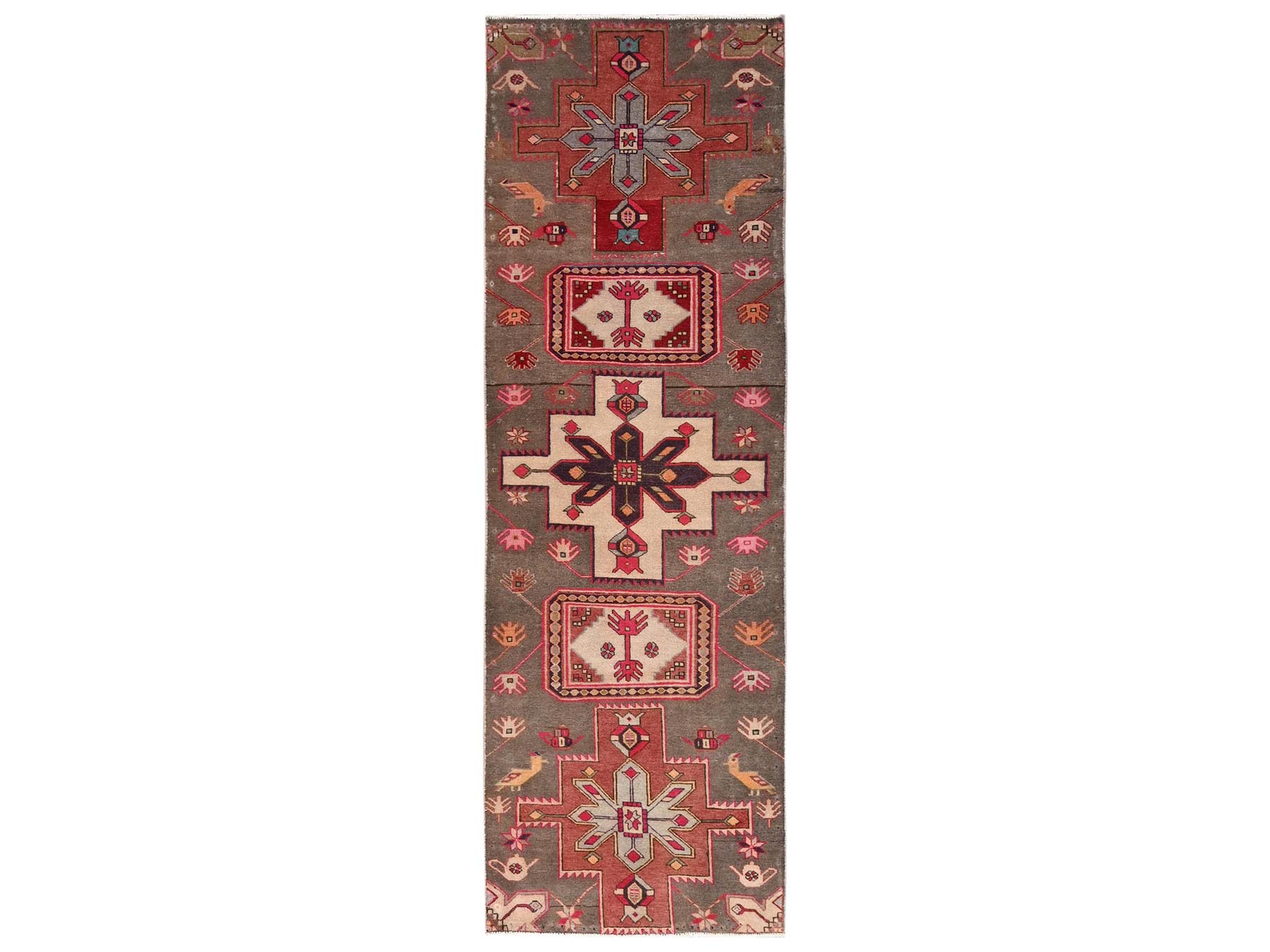 2'10"x8'10" Beaver Brown, Hand Knotted, Zero Pile, Vintage Persian Heriz with Geometric Medallions, Worn Down and Distressed, 100% Wool, Sides and Ends Professionally Secured, Runner, Oriental Rug HR2185