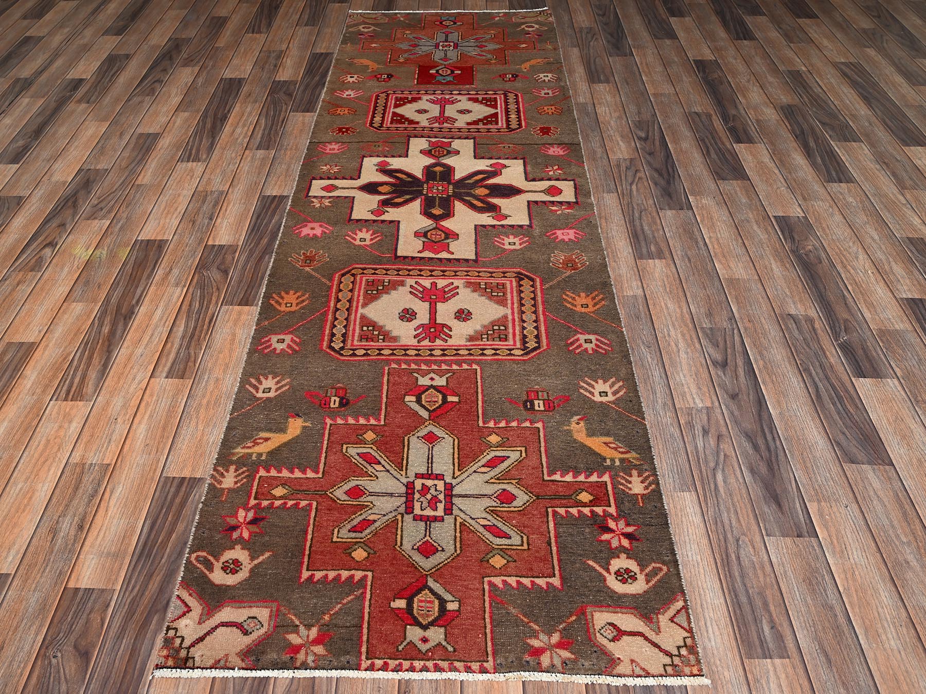 2'10"x8'10" Beaver Brown, Hand Knotted, Zero Pile, Vintage Persian Heriz with Geometric Medallions, Worn Down and Distressed, 100% Wool, Sides and Ends Professionally Secured, Runner, Oriental Rug HR2185 - Image 2