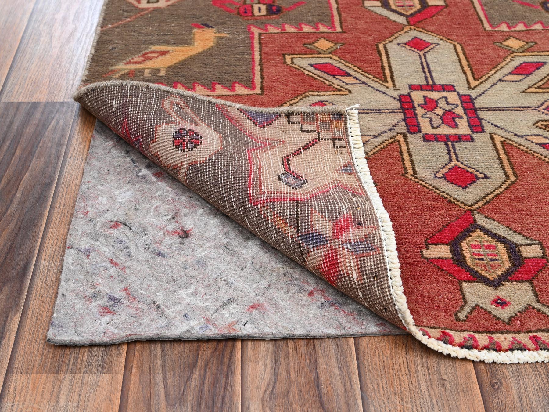 2'10"x8'10" Beaver Brown, Hand Knotted, Zero Pile, Vintage Persian Heriz with Geometric Medallions, Worn Down and Distressed, 100% Wool, Sides and Ends Professionally Secured, Runner, Oriental Rug HR2185 - Image 3