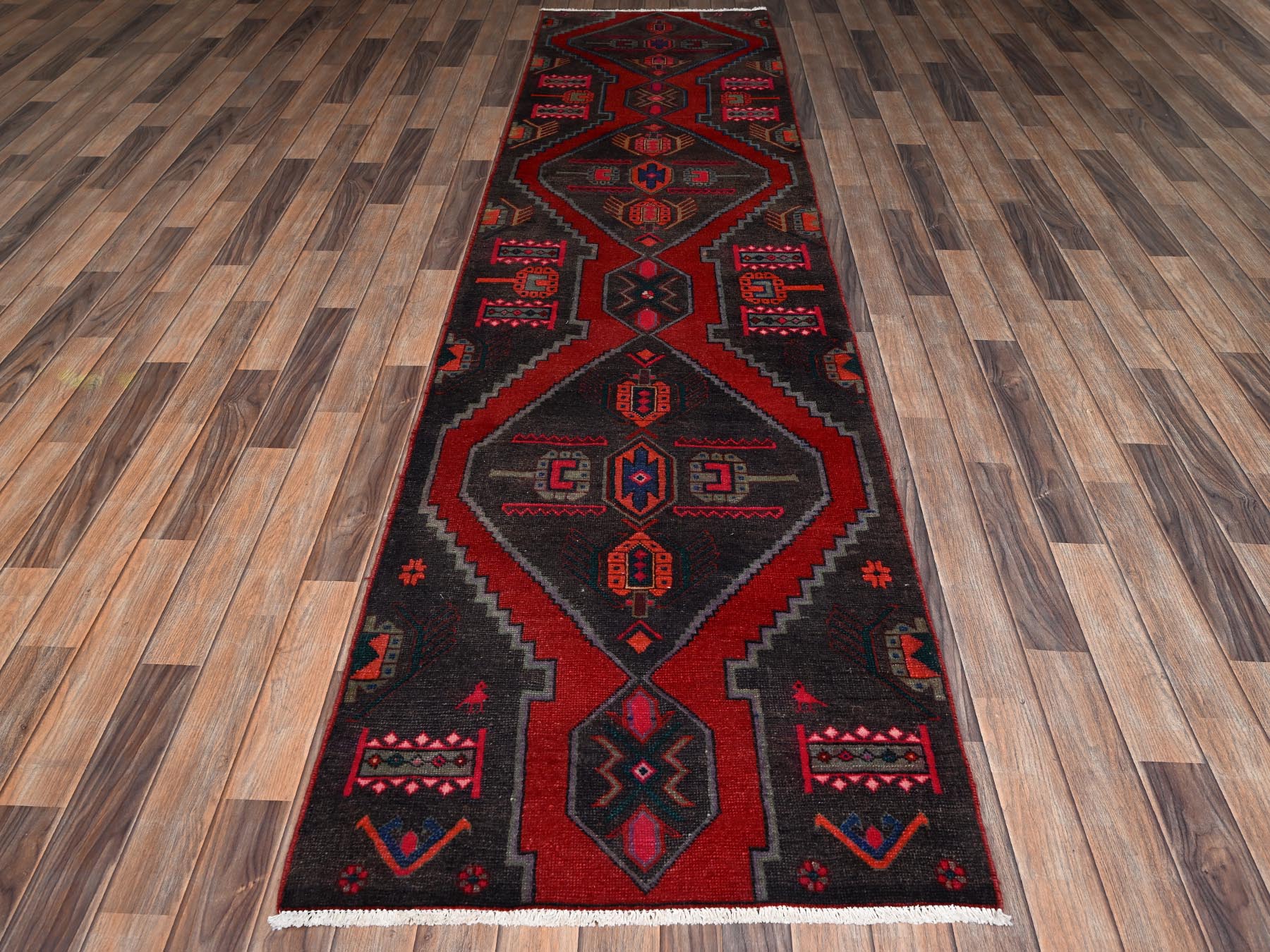 2'10"x11'1" Chocolate Brown, Vintage Persian Hamadan with Serrated Medallions, Hand Knotted, Zero Pile, Worn Down and Distressed, 100% Wool, Sides and Ends Professionally Secured, Runner, Oriental Rug HR2188 - Image 2