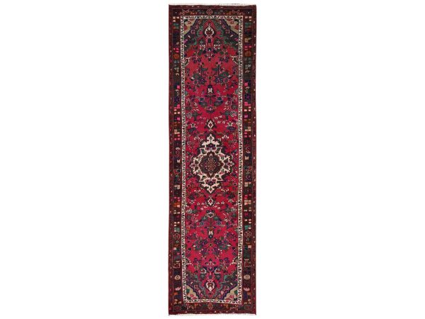 2'7"x9'8" Scarlet Red, 100% Wool, Hand Knotted, Zero Pile, Vintage Persian Bibikabad with All Over Design, Worn Down and Distressed, Sides and Ends Professionally Secured, Runner, Oriental Rug HR2198