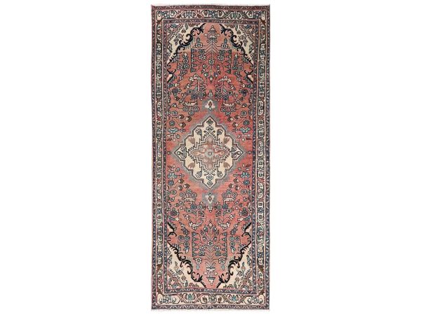 3'3"x8'9" Peach Color, Hand Knotted, Zero Pile, Vintage Persian Malayer with Geometric Medallion, Worn Down and Distressed, 100% Wool, Sides and Ends Professionally Secured, Runner, Oriental Rug HR2200