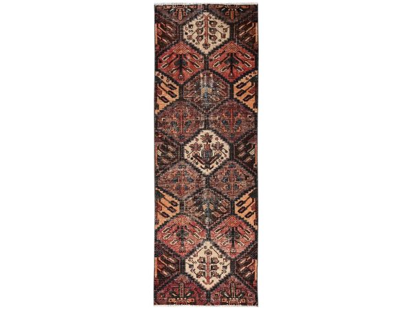 3'x9'2" Shades of Brown, Vintage Persian Bakhtiar with Garden Design, Worn Down and Distressed, 100% Wool, Hand Knotted, Zero Pile, Sides and Ends Professionally Secured, Runner, Oriental Rug HR2207
