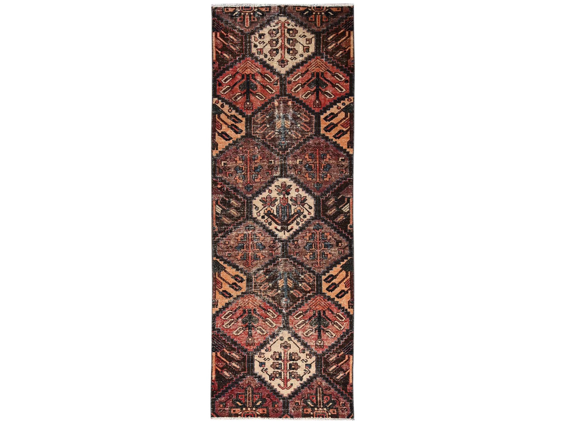 3'x9'2" Shades of Brown, Vintage Persian Bakhtiar with Garden Design, Worn Down and Distressed, 100% Wool, Hand Knotted, Zero Pile, Sides and Ends Professionally Secured, Runner, Oriental Rug HR2207