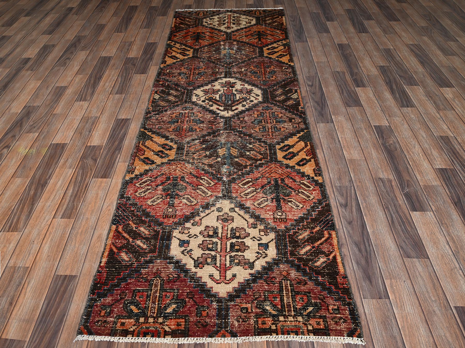 3'x9'2" Shades of Brown, Vintage Persian Bakhtiar with Garden Design, Worn Down and Distressed, 100% Wool, Hand Knotted, Zero Pile, Sides and Ends Professionally Secured, Runner, Oriental Rug HR2207 - Image 2