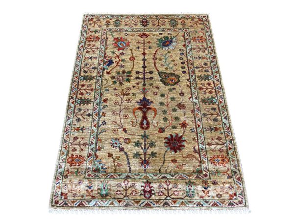 3'4"x4'8" Light Brown, Soft and Vibrant Wool, Hand Knotted, Natural Dyes, Afghan Sultani, All Over Floral Pattern, Oriental Rug HR22080