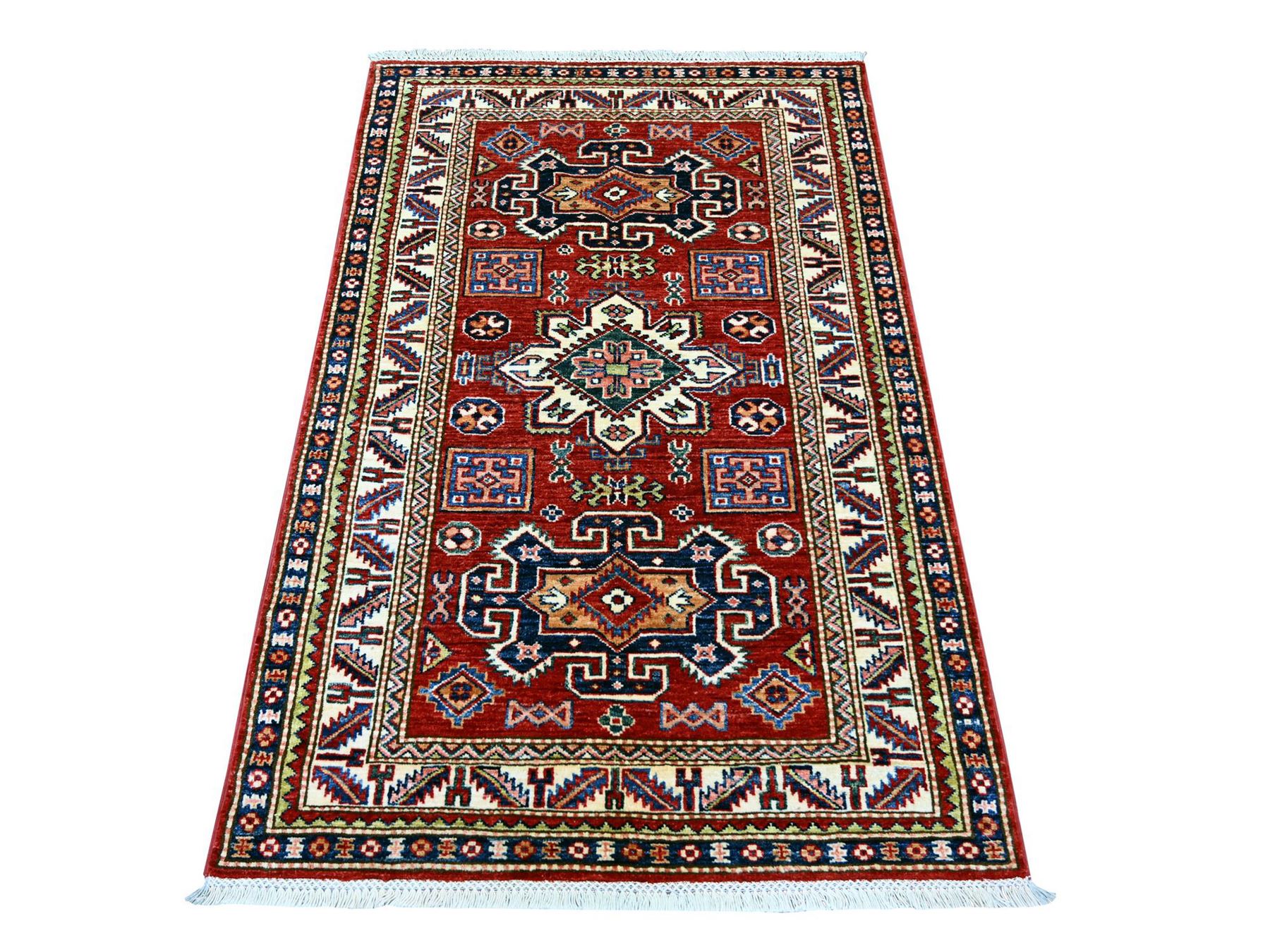 3'3"x5' Berry Red, Natural Wool, Hand Knotted, Vegetable Dyes, Afghan Super Kazak with Geometric Medallions Design, Oriental Rug HR22082
