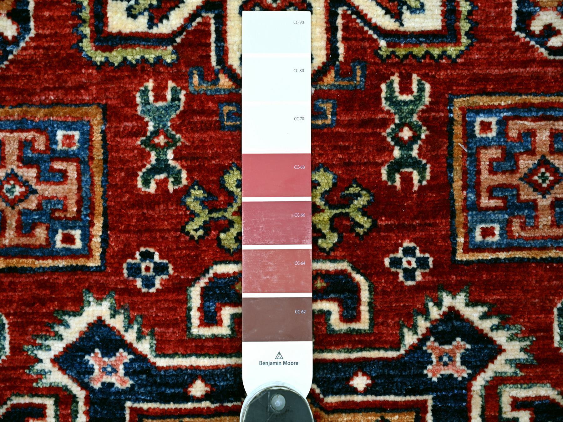 3'3"x5' Berry Red, Natural Wool, Hand Knotted, Vegetable Dyes, Afghan Super Kazak with Geometric Medallions Design, Oriental Rug HR22082 - Image 3