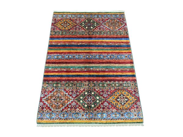 3'2"x4'6" Colorful, Natural Wool, Hand Knotted, Vegetable Dyes, Afghan Super Kazak with Khorjin Design, Oriental Rug HR22083