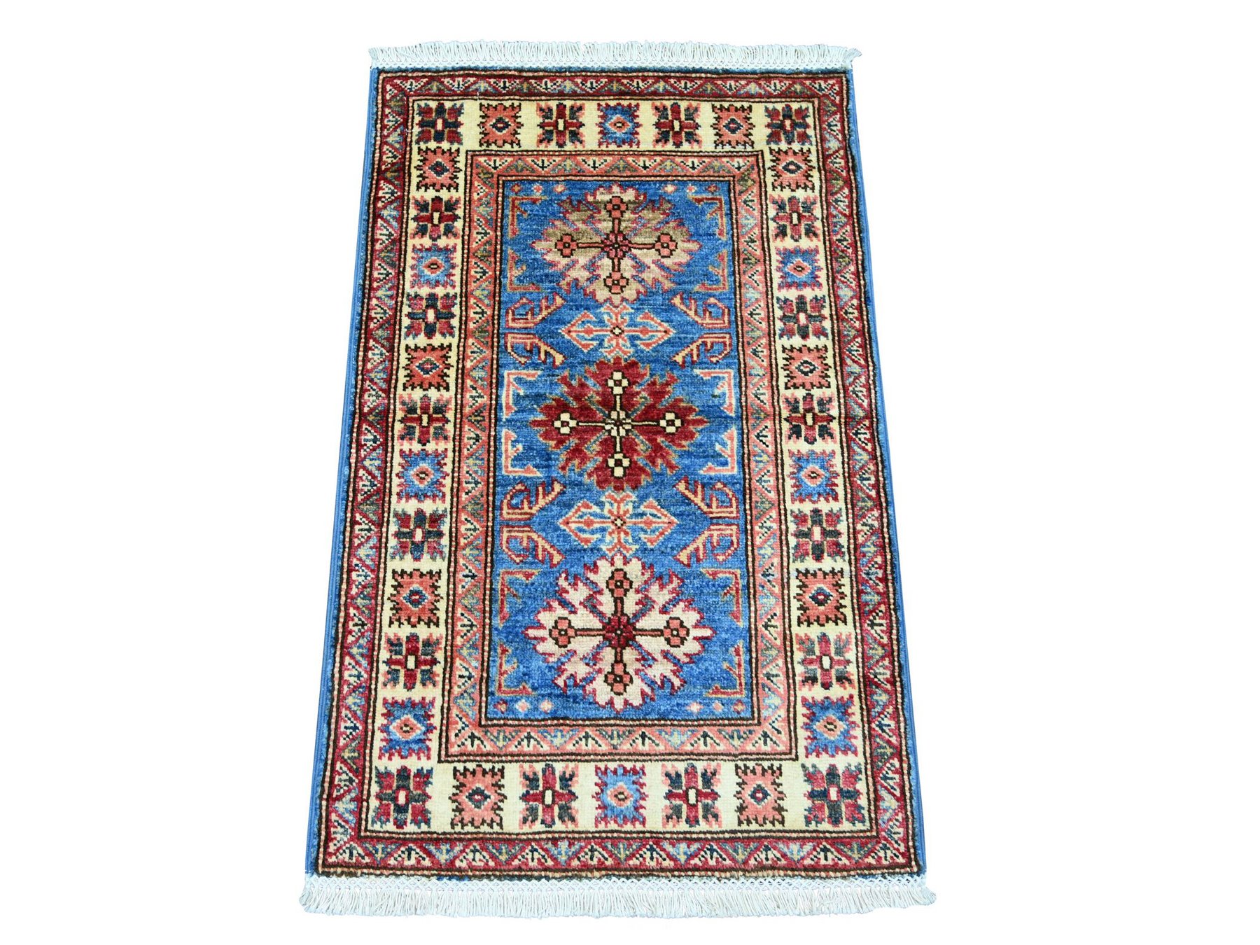 2'x3' Cerulean Blue, Natural Wool, Hand Knotted, Vegetable Dyes, Afghan Super Kazak with Tribal Medallions Design, Sample, Mat, Oriental Rug HR22088