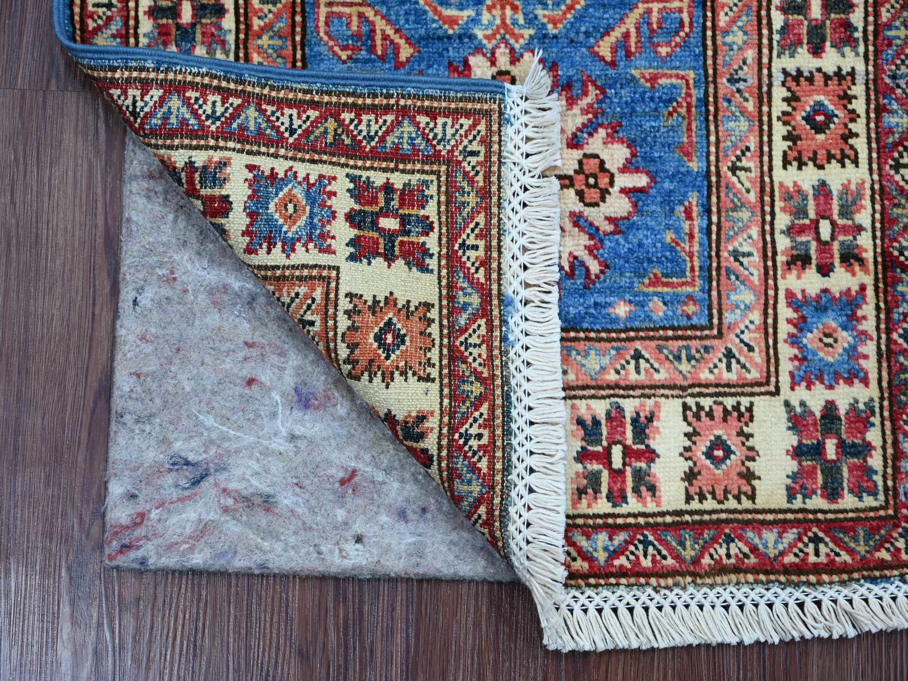 2'x3' Cerulean Blue, Natural Wool, Hand Knotted, Vegetable Dyes, Afghan Super Kazak with Tribal Medallions Design, Sample, Mat, Oriental Rug HR22088 - Image 2