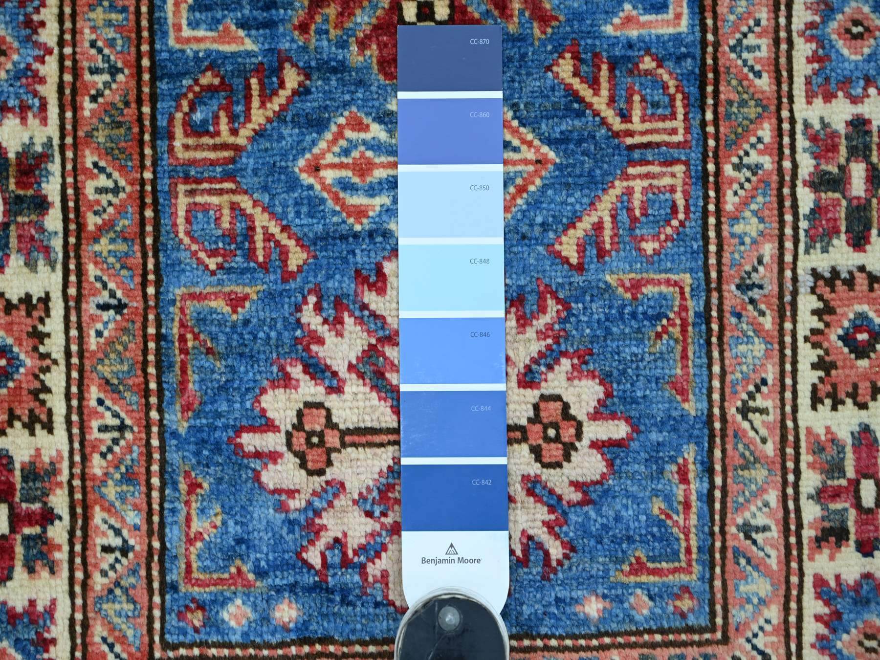 2'x3' Cerulean Blue, Natural Wool, Hand Knotted, Vegetable Dyes, Afghan Super Kazak with Tribal Medallions Design, Sample, Mat, Oriental Rug HR22088 - Image 3