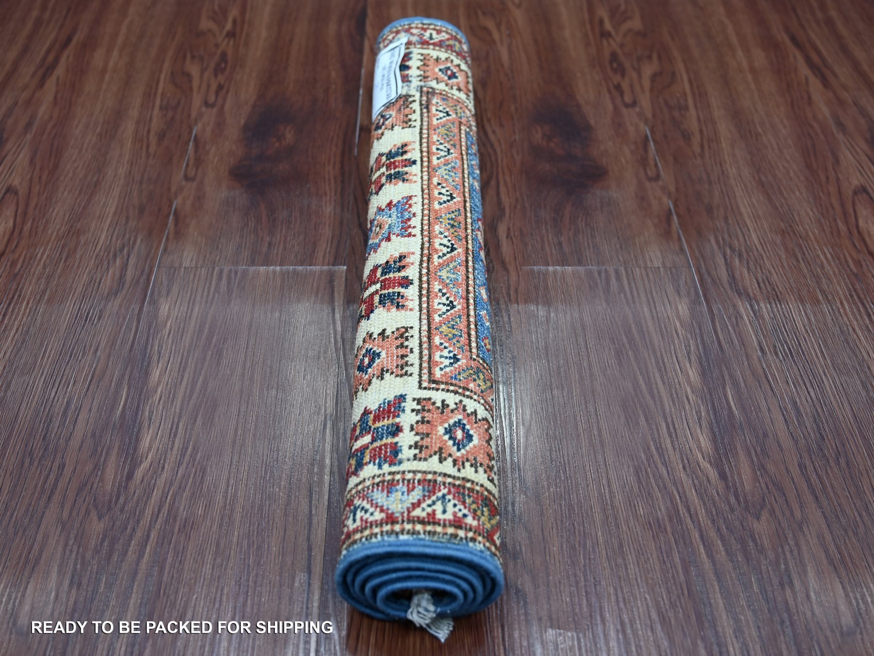 2'x3' Cerulean Blue, Natural Wool, Hand Knotted, Vegetable Dyes, Afghan Super Kazak with Tribal Medallions Design, Sample, Mat, Oriental Rug HR22088 - Image 4