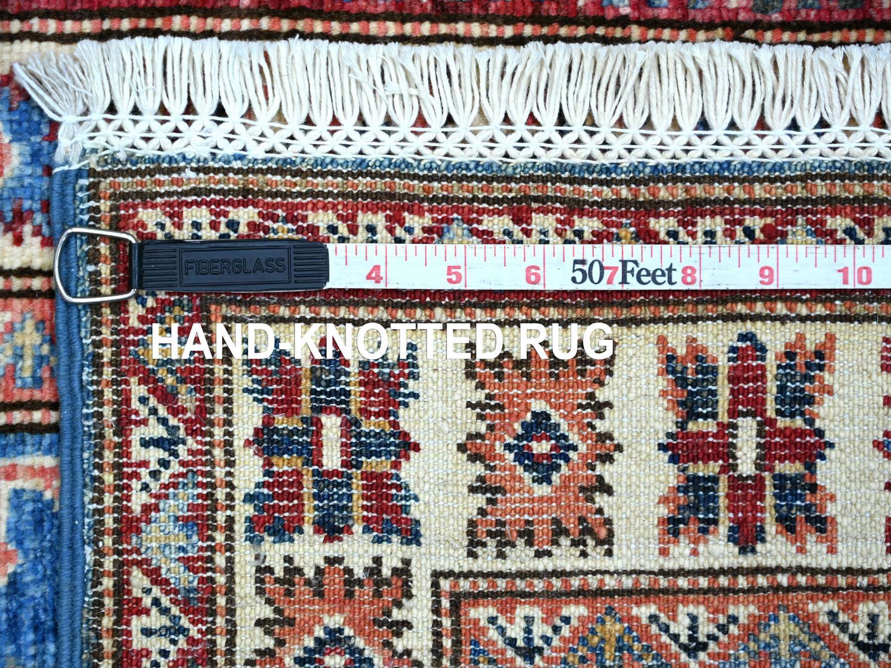2'x3' Cerulean Blue, Natural Wool, Hand Knotted, Vegetable Dyes, Afghan Super Kazak with Tribal Medallions Design, Sample, Mat, Oriental Rug HR22088 - Image 6