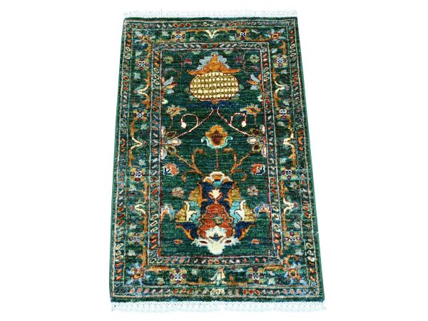 1'10"x2'10" Forest Green, Soft Wool, Afghan Sultani with Pomegranate Design, Denser Weave, Vegetable Dyes, Hand Knotted, Sample, Mat, Oriental Rug HR22089