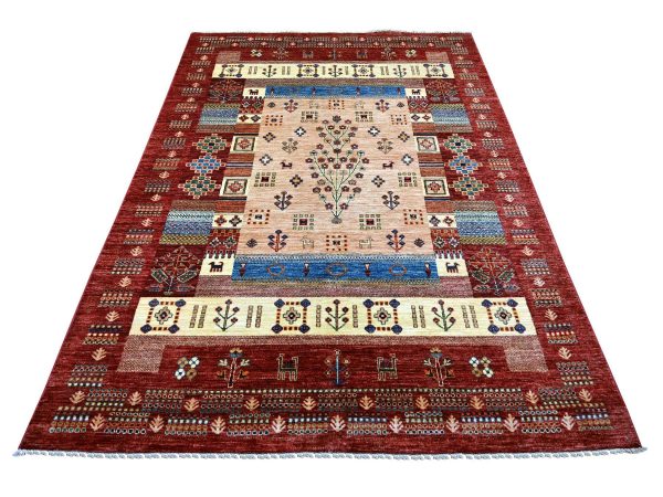 5'8"x8' Berry Red, Natural Wool, Vegetable Dyes, Fine Kashkuli Gabbeh with Small Animal Figurines, Hand Knotted, Oriental Rug HR22125