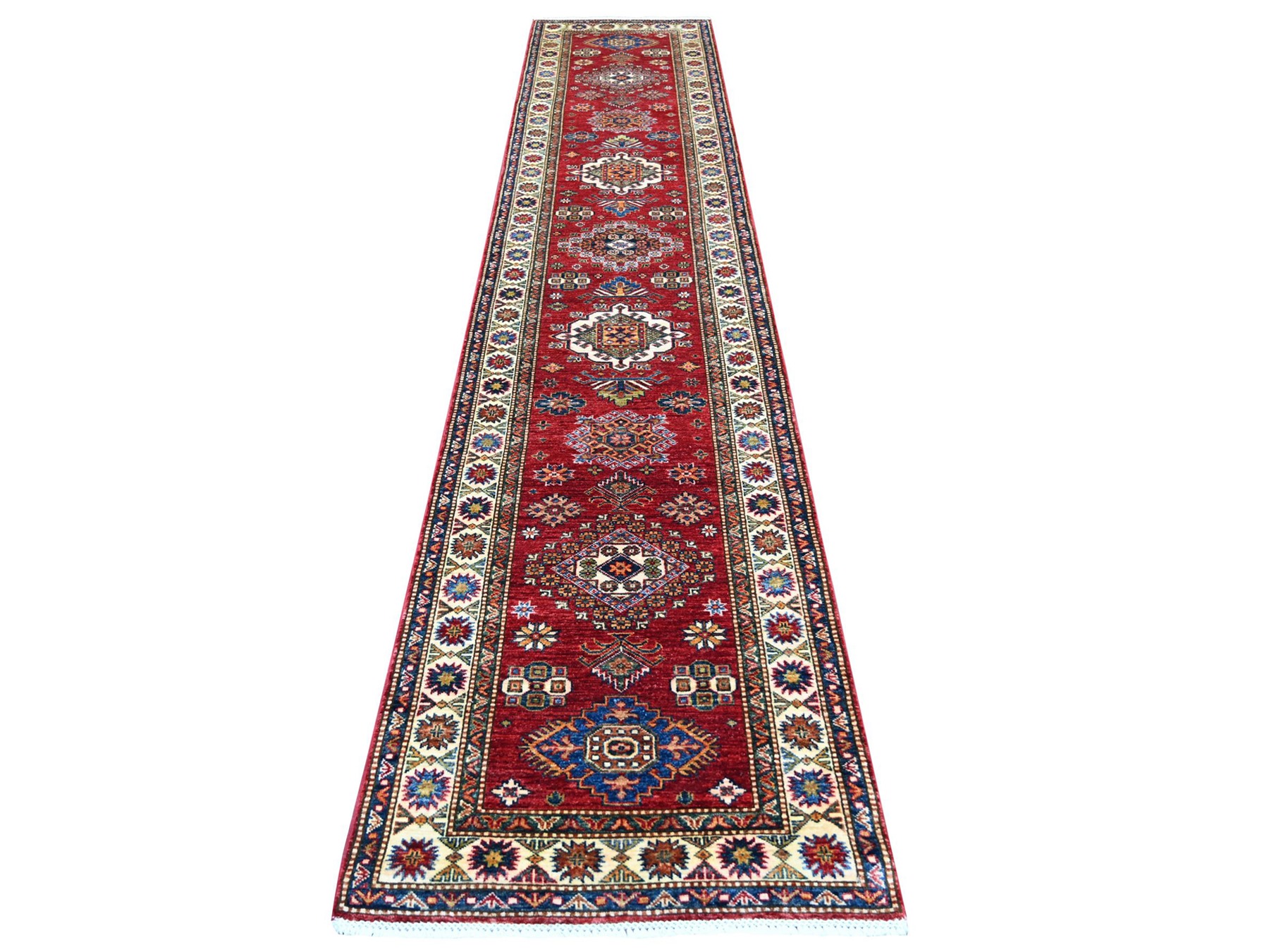 2'7"x13' Berry Red, Vegetable Dyes, Natural Wool, Hand Knotted, Afghan Super Kazak with Geometric Medallions Design, Runner, Oriental Rug HR22141