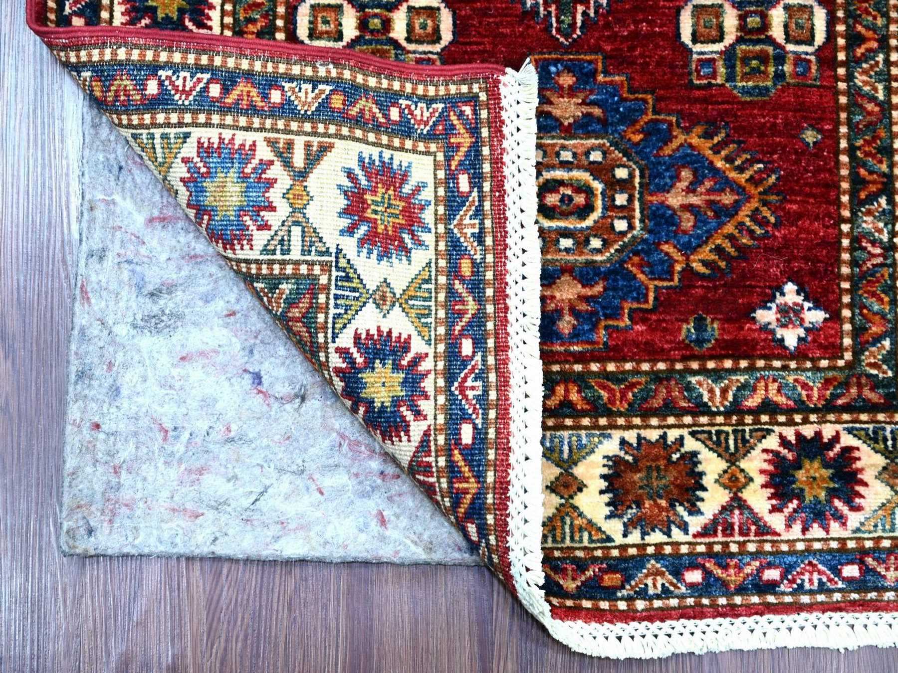 2'7"x13' Berry Red, Vegetable Dyes, Natural Wool, Hand Knotted, Afghan Super Kazak with Geometric Medallions Design, Runner, Oriental Rug HR22141 - Image 2