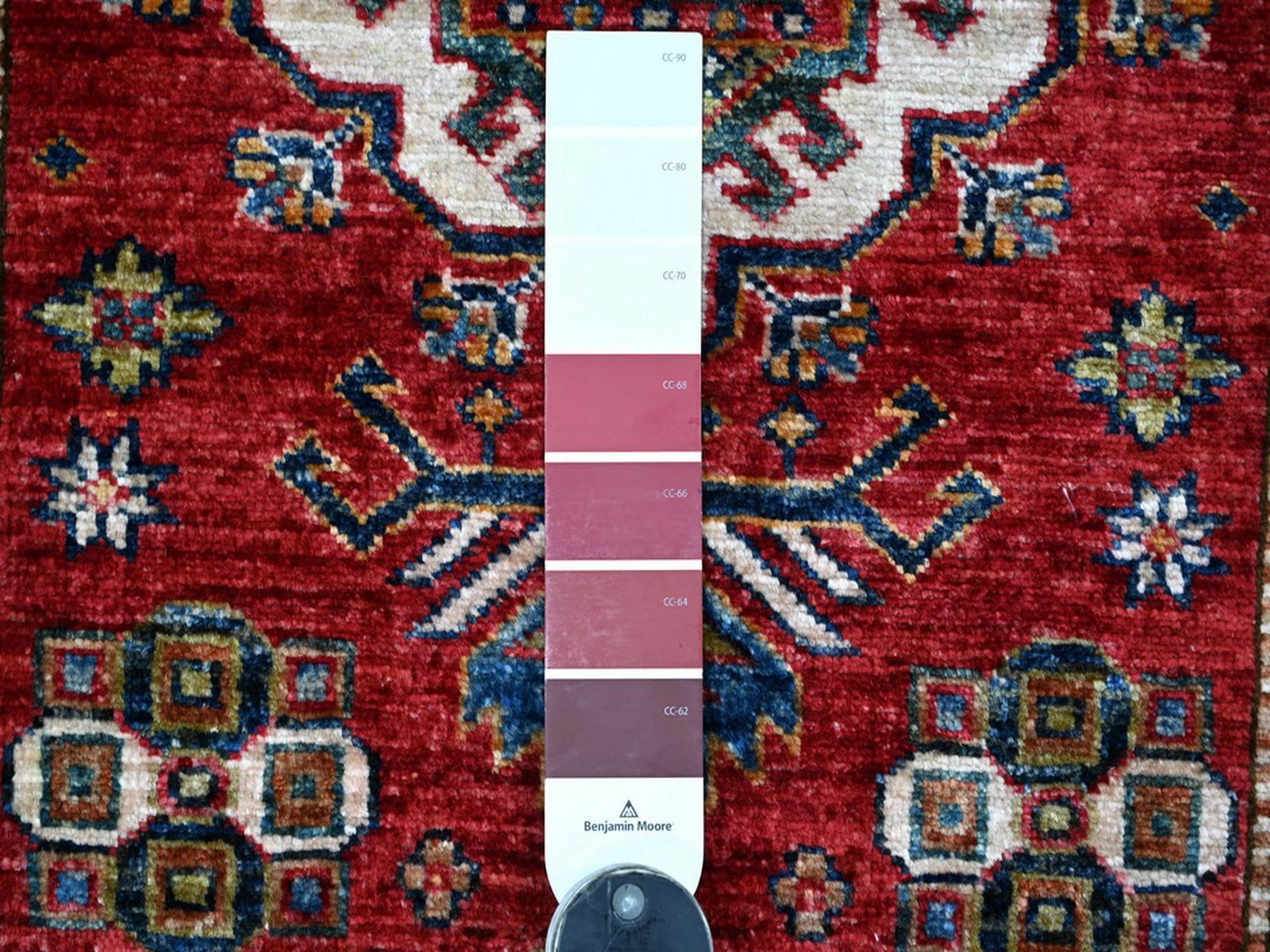 2'7"x13' Berry Red, Vegetable Dyes, Natural Wool, Hand Knotted, Afghan Super Kazak with Geometric Medallions Design, Runner, Oriental Rug HR22141 - Image 3