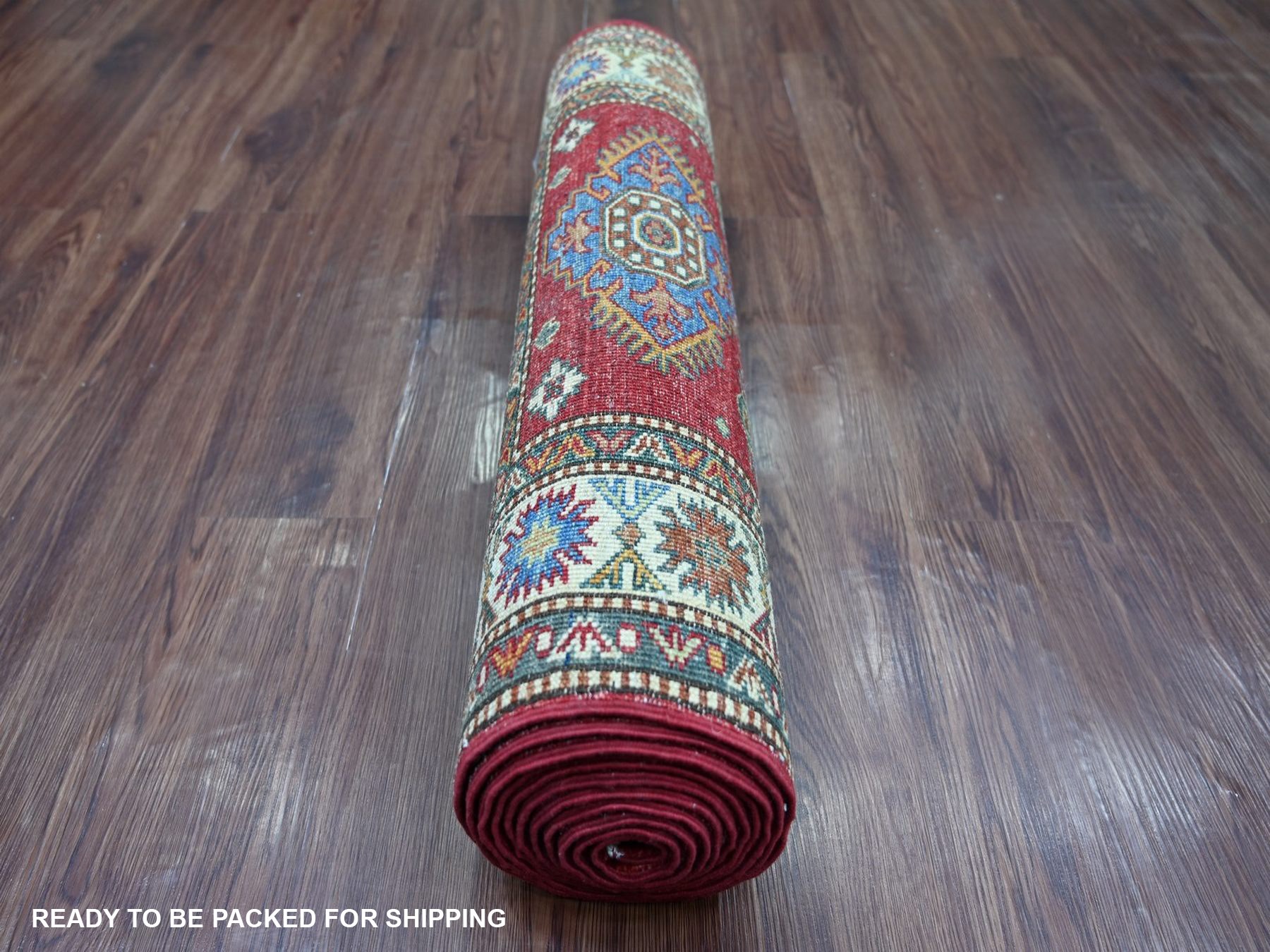 2'7"x13' Berry Red, Vegetable Dyes, Natural Wool, Hand Knotted, Afghan Super Kazak with Geometric Medallions Design, Runner, Oriental Rug HR22141 - Image 4