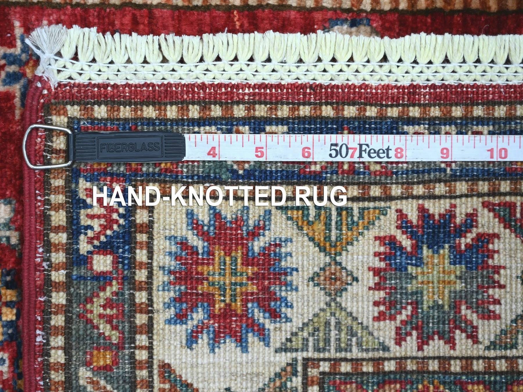 2'7"x13' Berry Red, Vegetable Dyes, Natural Wool, Hand Knotted, Afghan Super Kazak with Geometric Medallions Design, Runner, Oriental Rug HR22141 - Image 6