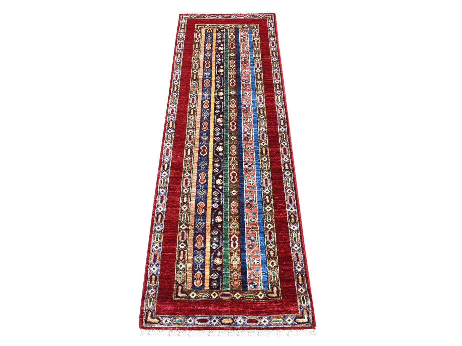2'x6'1" Colorful, Vegetable Dyes, Natural Wool, Hand Knotted, Afghan Super Kazak with Shawl Design, Narrow Runner, Oriental Rug HR22143