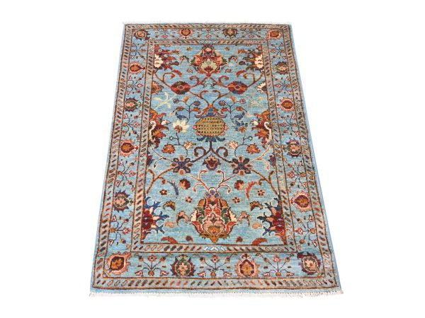 2'10"x4'3" Sky Blue, Vegetable Dyes, Afghan Sultani with Pomegranate Design, Denser Weave, Hand Knotted, Soft Wool, Sample, Mat, Oriental Rug HR22144