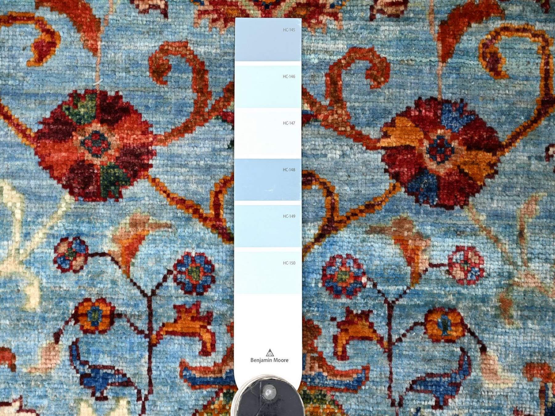 2'10"x4'3" Sky Blue, Vegetable Dyes, Afghan Sultani with Pomegranate Design, Denser Weave, Hand Knotted, Soft Wool, Sample, Mat, Oriental Rug HR22144 - Image 3