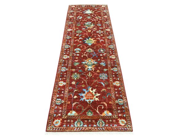 2'8"x8'4" Rust Red, Vegetable Dyes, Afghan Sultani with All Over Floral Pattern, Denser Weave, Hand Knotted, Soft Wool, Runner, Oriental Rug HR22145